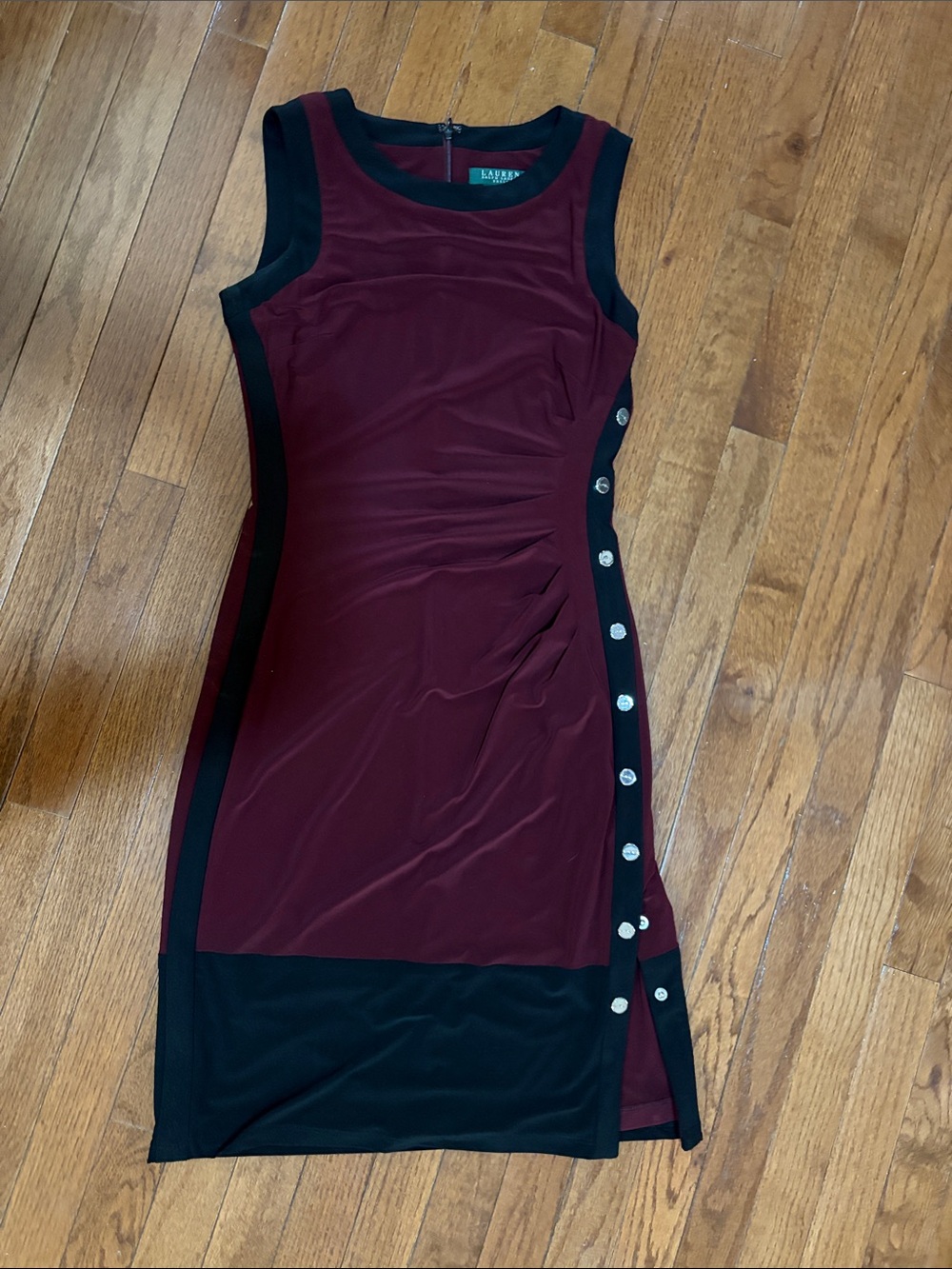 Ralph Lauren Burgundy and Black Sleeveless Midi Dress with Side Snap Detail